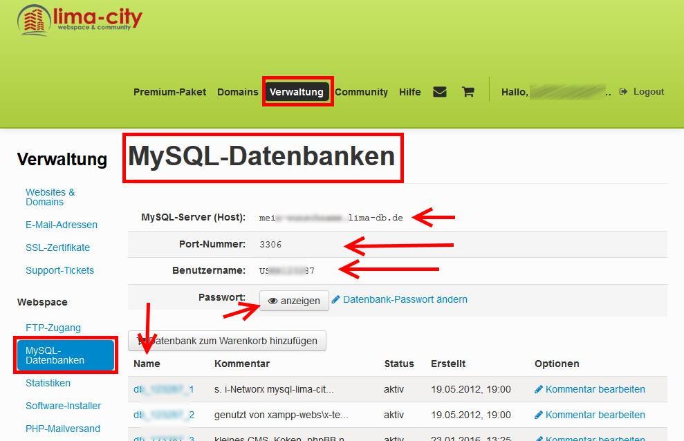 Verwaltung MySQL-Datenbanken bei Lima-City